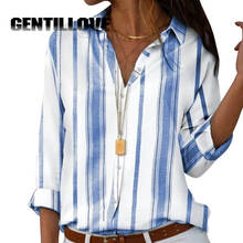 Повседневная Женская весенне-летняя полосатая блузка с длинным рукавом и отложным воротником, Женская Офисная рубашка большого размера, топы, женская одежда 2024 - купить недорого
