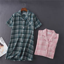 New Cotton Crepe Gauze Plaid Nightgown Summer Short Plus Size Sleepwear Home Sleepshirts Turn-down Collar Sleep Dress 2024 - buy cheap