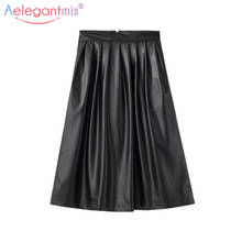 Aelegantmis Long Pleated Leather Skirt Women Black High Waist Skirts 2021 Autumn Female Vintage Sexy Pleated Skirt With Pocket 2024 - buy cheap