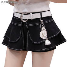 Free Belt Summer Women Denim Shorts Skirts Ruffles 2020 High Waist School Korea Lady Pleated Mini Skirt Shorts Jean Female Red 2024 - buy cheap