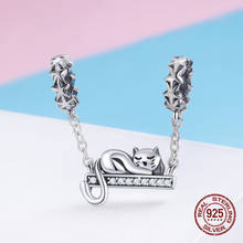 Hot sale Genuine 100% 925 sterling silver adorable cat necklace pendant fit bangle & bracelet charm original jewelry DIY 2024 - buy cheap