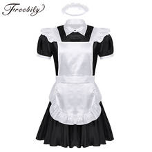 Mens Adults Sissy French Maid Dress Cosplay Sexy Costumes Turn-down Collar Puff Sleeve Button Down Dress with Apron Headband 2024 - buy cheap