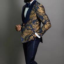Terno jaqueta masculina, azul marinho, floral, jacquard, baile, casamento, slim fit, smoking, terno africano, 3 peças 2024 - compre barato