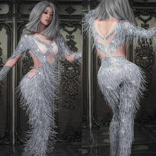 Silver Glitter Crystals Rhinestones Fringe Skinny Jumpsuit Nightclub Bar DJ Singer Stage Wear Birthday Celebrate Show Costume 2024 - buy cheap