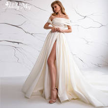 Adoly Mey New Arrival Elegant Boat Neck Pleated A-Line Wedding Dresses 2022 Gorgeous Court Train Front Splite Boho Wedding Gown 2024 - buy cheap