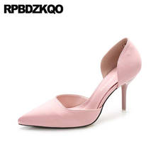 Stiletto 2021 sapatos de salto médio feminino, sem cadarço, médio, 8cm, luxuoso, pêssego, fino, verão, sandálias rosa, cetim, bico fino 2024 - compre barato