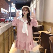 Japanese Pure Soft Girl Navy Collar Bow Tie Dress Kawaii Lantern Sleeve Ruffle Dress Women Club Pink Dress 2024 - buy cheap