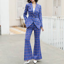 Conjunto feminino de primavera com manga longa, conjunto com 2 peças de blazer e cinto xadrez de assimetria e calças casual para escritório 2024 - compre barato