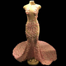 Сексуальное платье с розовым цветком, женское Сетчатое платье, цельное вечернее праздничное платье с длинным шлейфом, певица, одежда для сцены 2024 - купить недорого