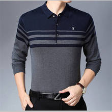 Camisa polo masculina com manga comprida, camisa listrada de algodão 2024 - compre barato