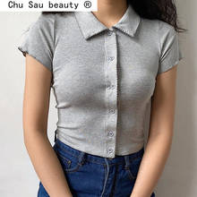 Camiseta Harajuku con solapa de línea ondulada para mujer, remera gótica gris Vintage con botones centrales, Camiseta corta con cuello vuelto 2021 2024 - compra barato