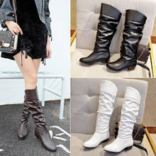 Spring Fashion Women Boots  Boots Botas Female Stretch PU Leather Boots Shoes Woman Black White Roma Knee-Length Boots 2024 - buy cheap