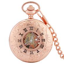 Reloj de bolsillo mecánico de lujo, esfera con números romanos, esfera analógica, cadena de viento a mano, oro rosa/plata 2024 - compra barato