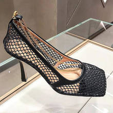 New 2020 Ankle Chain Decor Shoes Black Sexy Slip On Pumps Woman Summer Shoes Women Square Toe Hollow Out Mesh Pumps High Heels 2024 - buy cheap