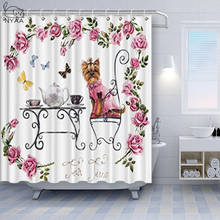 Nyaa yorkie yorkshire terrier cortina de chuveiro em vestido rosa tendo um chá festa tempo borboletas rosas tecido cortinas banho 2024 - compre barato