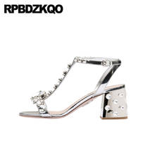 Female Women Rhinestone Jewel Shoes High Quality Chunky T Strap Diamond Silver Block Open Toe Heels Crystal Pumps Sandals 2021 2024 - buy cheap