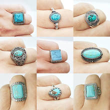 Anel geométrico redondo azul e turquesa, anel de pedra antiga, cor prata, para mulheres, boho, joias femininas, vintage 2024 - compre barato
