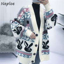 Женский свитер Neploe осень-зима 2021 модные повседневные кардиганы с принтом и V-образным вырезом однобортные корейские свободные тянущиеся женские джемперы 2024 - купить недорого