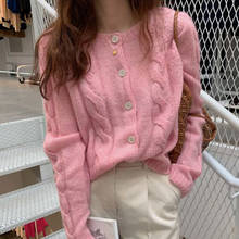 Korean Chic Sweet Autumn Women Knitwear Tops Vintage Preppy Style Pink O Neck Cardigans OL Elegant Single Breasted Sweaters 2024 - buy cheap