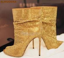 ALMUDENA Women Gold Silver Crystal Ankle Boots Open Toe Folded Loose Dress Boots Stiletto Heels Bling Bling Motorcycle Boots 2024 - buy cheap