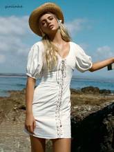 Yinlinhe/Белое Кружевное сексуальное облегающее платье для женщин с коротким рукавом, тонкое летнее платье из хлопка с v-образным вырезом, праздничное платье, Vestidos 1267 2024 - купить недорого