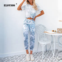 Impresso tie-dye pijamas verão casual gradiente cor serviço de casa feminino em torno do pescoço manga curta + calças retas terno de duas peças 2024 - compre barato