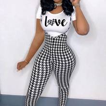 TNNAOFF Plus Size Two Piece Tracksuits Women Set Letter Short Sleeve T Shirt Sexy Houndstooth Jumpsuits Overalls Matching Sets 2024 - buy cheap