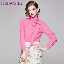 TESSCARA-blusa rosa elegante para mujer, camisa de gasa con lazo de diseñador para oficina y fiesta, Tops de primavera 2024 - compra barato