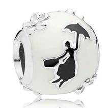 Genuine 925 Sterling Silver Mary Poppins Silhouette Charm, White & Black Enamel Fits Women Pandora Bracelet & Necklace Jewelry 2024 - buy cheap