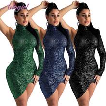 Сексуальное мини-платье с блестками на одно плечо с открытой спиной для вечеринки в клубе, женское элегантное платье с длинным рукавом и высоким воротником, Vestidos 2024 - купить недорого