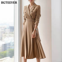 BGTEEVER Elegant Notched Collar Women Midi Dress Double Breasted Long Sleeve Belted Female Pleated Dress 2020 A-line Vestidos 2024 - buy cheap