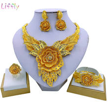 Liffly-Conjunto de joyería de oro indio para mujer, collar grande, pulsera de flores, pendientes, anillo para fiesta, joyería de lujo, regalo de cumpleaños 2024 - compra barato