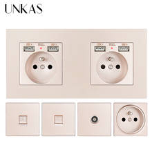 UNKAS EU / French Socket Dual USB Port + Female TV RJ45 Internet RJ11 Telephone 172*86mm Hidden Soft LED Gold PC Plastic Panel 2024 - buy cheap