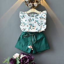Conjunto de camiseta y pantalones cortos con volantes para niñas, ropa con estampado de flores, Top y cinturón, color verde 2024 - compra barato