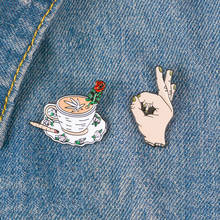 Coffee and Finger pins Middle finger rose coffee cup Punk Enamel pins Funny Gifts for friend Badges Lapel pins Fashion Jewelry 2024 - buy cheap