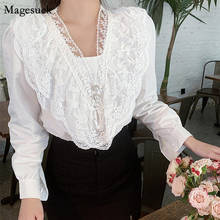 New Crochet Lace Patchwork Ladies Tops Elegant Long Sleeve Cotton Button Femme Shirt V Neck Lace Casual White Blouse Women 13299 2024 - buy cheap