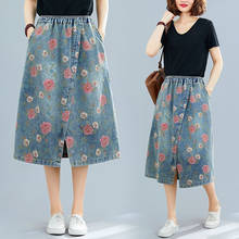 New Summer Women Skirts Plus Size Print Casual Loose Elastic Waist Hem Split Pockets Jeans Skirt For Females Denim Midi-SKirts 2024 - buy cheap