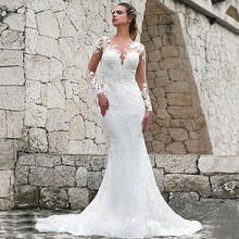 Chic Lace Jewel Neckline Natural Waistline Mermaid Wedding Dress See Through Long Sleeves Bridal Dress robe mariage 2024 - buy cheap