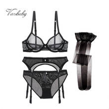 Varsbaby-ropa interior sexy transparente de talla grande, Conjunto de sujetador sin forro de hilo, sujetadores, ligas, bragas y medias, 4 Uds. 2024 - compra barato