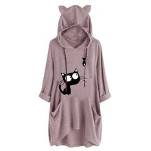 Women Casual Print Cat Ear Hooded Long Sleeves Pocket Irregular Top Shirt футболка женская t shirt harajuku футболка gothic 2024 - buy cheap