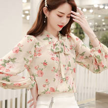 Floral Chiffon Women Blouse and Shirts Bow Neck Smooth Material Summer Sweet All Match Office Lady Shirts Outwear Tops 2024 - buy cheap