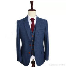 Wool Blue Herringbone Retro gentleman custom made Men's suits tailor suit Blazer suits for men 3 piece (Jacket+Pants+Vest) 2024 - buy cheap
