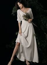 Simples coréia vestidos de casamento 2020 a linha cetim vestidos de noiva meia mangas botões tornozelo comprimento vestidos de noiva de noiva 2024 - compre barato