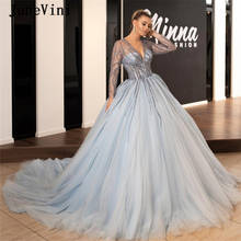 JaneVini Luxury Arabic Long Sleeves Quinceanera Dresses 2020 Puffy Ball Gown Deep V Neck Crystal Beaded Tulle Pageant Prom Gowns 2024 - buy cheap