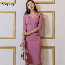 High Waist Slim Pencil Office Lady Dress 2022 Spring Simple Small Sexy V-Neck Pink Five-Point Sleeve Elegant Women's Party Dress 2024 - buy cheap