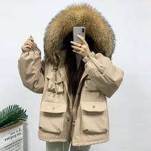 2021 inverno casaco de pele de guaxinim real feminino, jaqueta duck down branca, grosso, quente, curto, solto com capuz, roupa externa de neve 2024 - compre barato