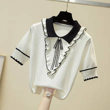 Camiseta de punto con cuello de POLO para mujer, camisetas blancas de moda coreana, camiseta de manga corta con volantes, ropa 2021 2024 - compra barato