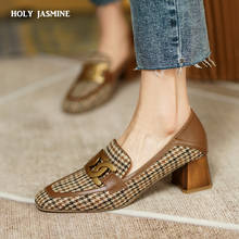 New Retro Women High Heels Shoes Round Toe Tartan Design Metal Button Loafers Slip on Chunky Low Heels Female Comfy Footwear 2024 - buy cheap