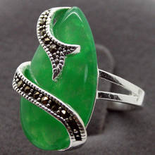 Anel prateado verde de jade 10mm x 20mm, anel de prata tamanho 7/8/9/10 2024 - compre barato