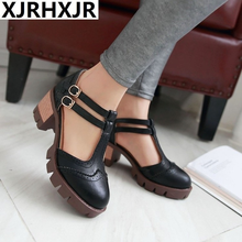 XJRHXJR Size 34-43 Women's T-strap Vintage Sandals Square Heels Ankle Strap Platform Summer Shoes Woman Office Lady Footwear 2024 - buy cheap